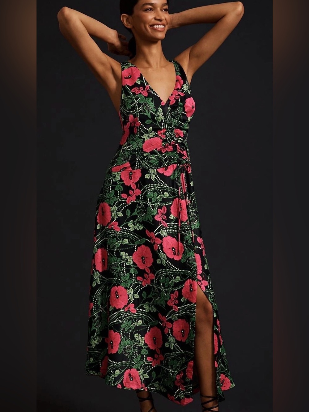 Maeve Anthropologie Ruched Floral Midi Dress Size 2 Boho Sleeveless‎ Cottagecore